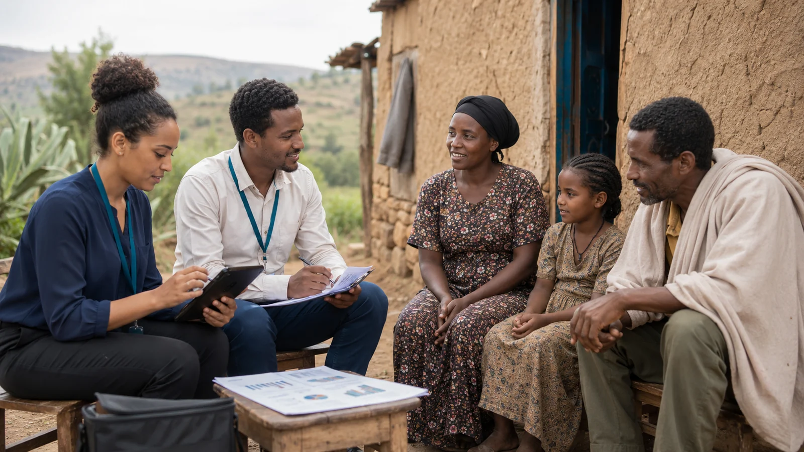 Field researchers conducting a respectful household survey in rural Ethiopia